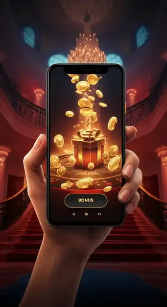Bannière promotionnelle de Win Vegas Plus Casino affichant le pack de bienvenue avec des jetons colorés et des tours gratuits sur des machines à sous, symbolisant les avantages des bonus.